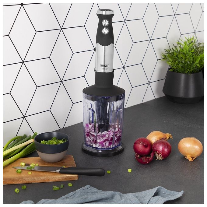 Princess 01.221221.01.001 Set mixer a immersione 1000 W con 4 lame e accessori colore Nero Acciaio inox