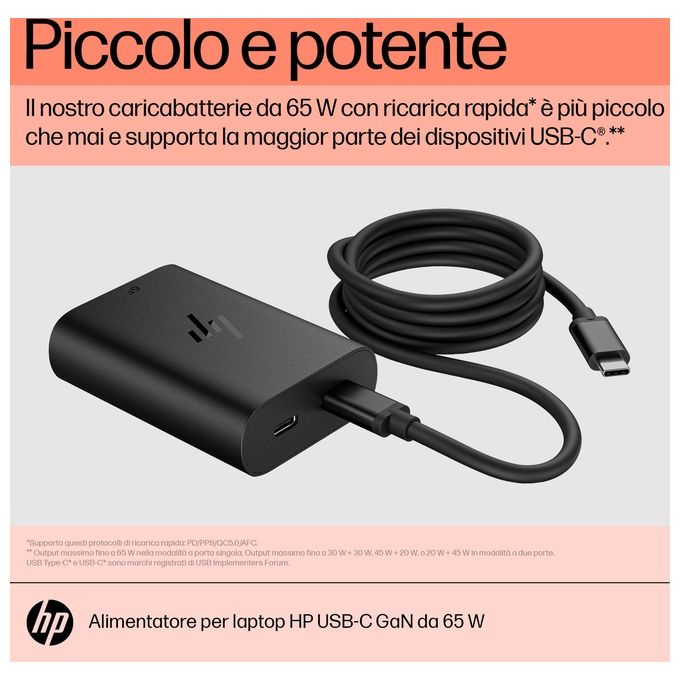 HP 600Q7AA Caricabatterie per Laptop USB-C 65 W con Tecnologia GaN 2 Porte USB-C colore Nero