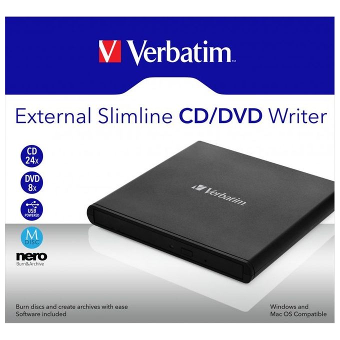 Verbatim 53504 Masterizzatore CD DVD Esterno Slimline USB 2.0 DVD±RW 24x CD 8x DVD+R colore Nero