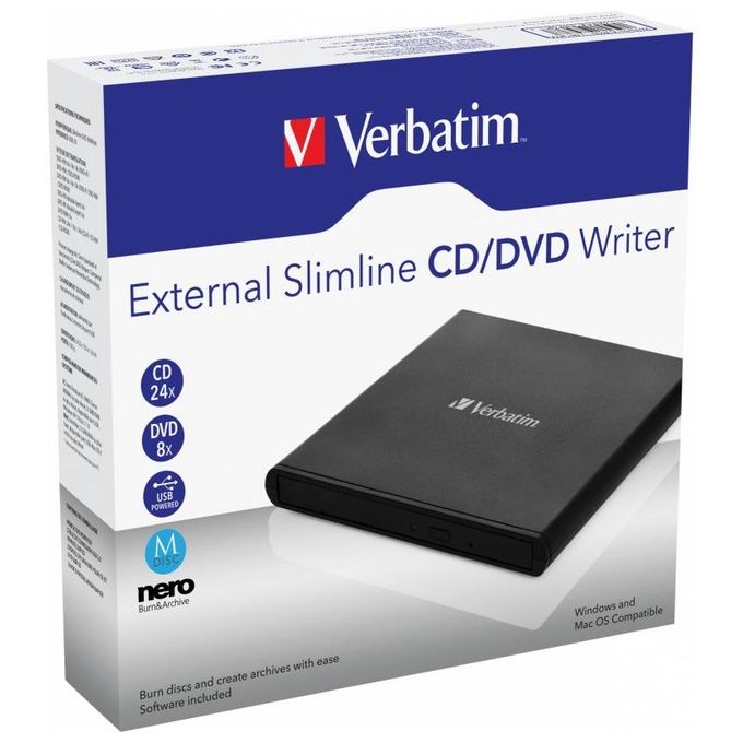 Verbatim 53504 Masterizzatore CD DVD Esterno Slimline USB 2.0 DVD±RW 24x CD 8x DVD+R colore Nero