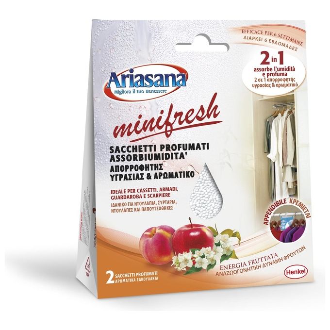 Ariasana 2093419 Confezione 2 Buste Appendibili Assorbiumidita' Minifresh per Armadi e Cassetti Profumazione Fiori di Pesco