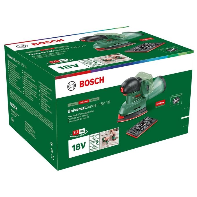 Bosch 06033E3100 UniversalSander Levigatrice orbitale a batteria 18V 12000-22000 oscillazioni-min con piastre triangolare e rettangolare colore Nero Verde