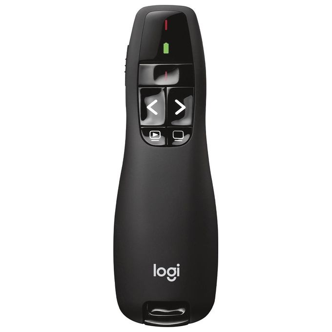 Logitech R400 Puntatore Laser per Presentazioni Wireless, 2.4 GHz e Bluetooth, Ricevitore USB, ‎Puntatore Laser Rosso, Portata 15 m, 6 Pulsanti, Controllo Intuitivo, Indicatore ‎Batteria, PC, Nero