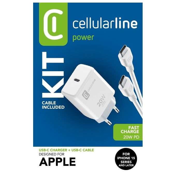 Cellularline ACHIPHKITC2CPD20WW Charger Kit Caricabatterie USB-C 20W Power Delivery con Cavo USB-C 100 cm per iPhone 15 colore Bianco