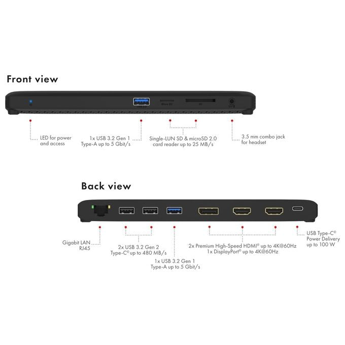 ICY BOX 61005 IB-DK2116-C Docking Station USB 3.2 Gen 2 Type-C Tripla Uscita Video 4K HDMI DisplayPort Ethernet Gigabit Lettore SD MicroSD Alimentazione 100 W colore Nero