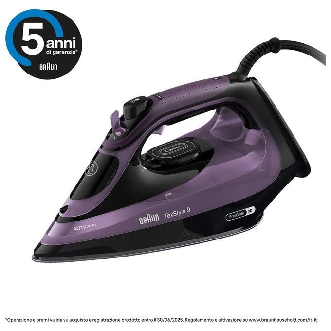 Braun SI9661VI TexStyle 9 Ferro da stiro a vapore 3100W piastra Eloxal Plus FreeGlide 3D iCare ActiClean colore Viola