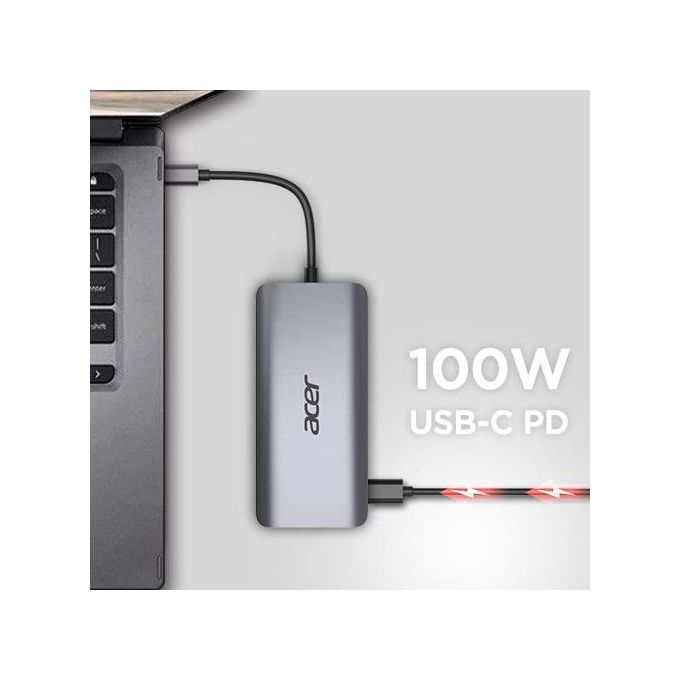 Acer HP.DSCAB.009 12-in-1 Type-C Dongle Multiporta con 2 HDMI 2 USB 3.2 Gen 1 2 USB 2.0 DisplayPort Ethernet Gigabit Lettore SD-MicroSD Uscita Audio 3.5 mm Power Delivery 100 W colore Argento