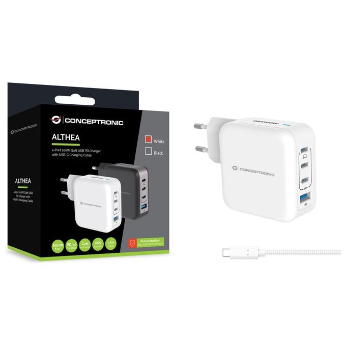 Conceptronic ALTHEA18W Caricatore USB 4 Porte 100W GaN con Cavo USB-C 3 USB-C 1 USB-A PD 3.0 QC 3.0 PPS colore Bianco