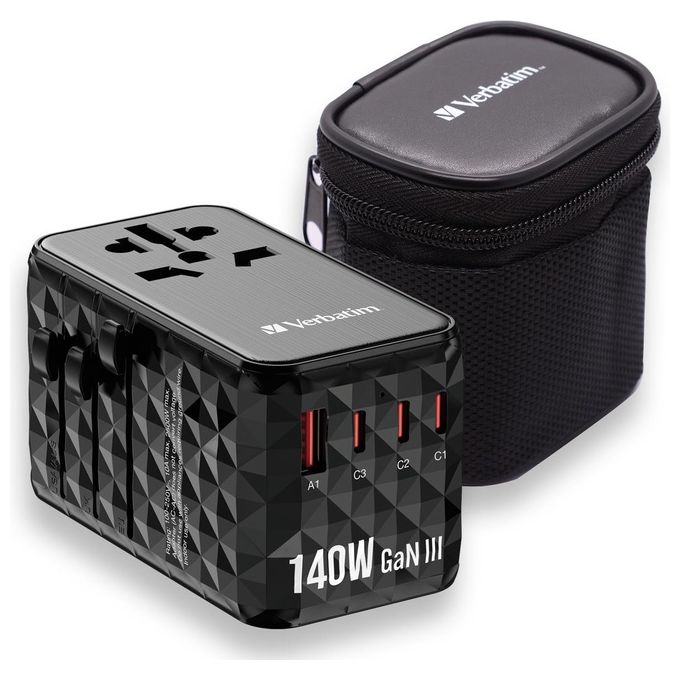 Verbatim 32125 GaN III Caricabatterie Universale da Viaggio 140W 4 Porte USB-C USB-A Power Delivery 3.1 Quick Charge 4+ colore Nero
