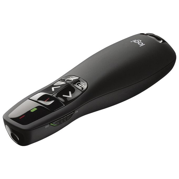Logitech R400 Puntatore Laser per Presentazioni Wireless, 2.4 GHz e Bluetooth, Ricevitore USB, ‎Puntatore Laser Rosso, Portata 15 m, 6 Pulsanti, Controllo Intuitivo, Indicatore ‎Batteria, PC, Nero
