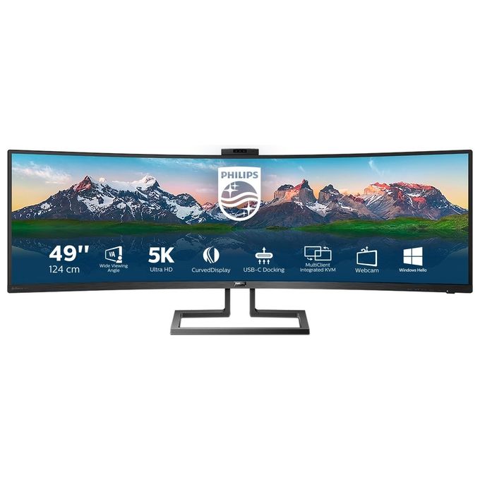 Philips Monitor Curvo 49'', 499P9H, Gaming Superwide 32:9, risoluzione 5120*1440, Adaptive Sync, HDR 400, Multiview con KVM Switch integrato, Docking station USB-C, Microfono, Low Blue, Vesa, Nero