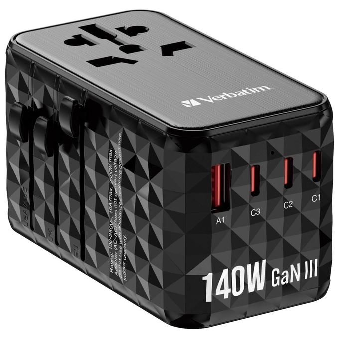 Verbatim 32125 GaN III Caricabatterie Universale da Viaggio 140W 4 Porte USB-C USB-A Power Delivery 3.1 Quick Charge 4+ colore Nero