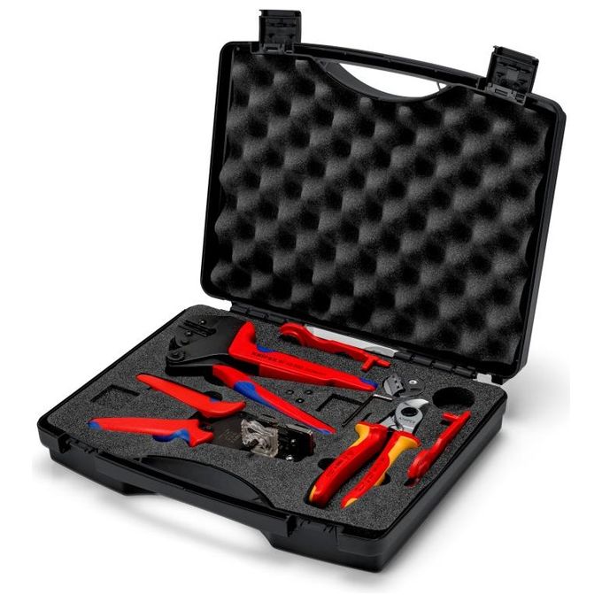 KNIPEX 97 91 04 V01 Valigetta Attrezzi per Installazioni Fotovoltaiche con Pinza Crimpatrice Universale Forbici Spelacavi e Accessori per Connettori MC4 colore Nero
