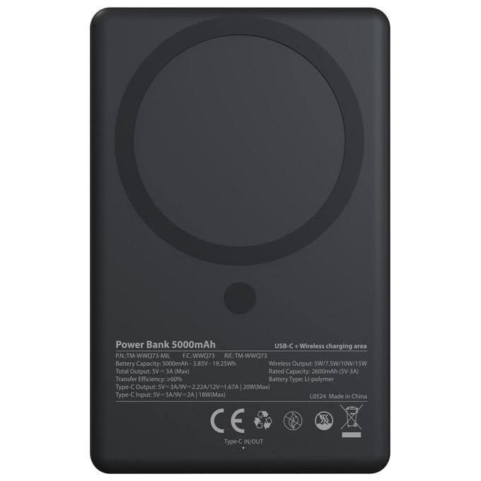 Techmade TM-WWQ73-MIL Milan Powerbank 5000 mAh Slim 7.9mm Wireless Magnetico MagSafe 15W USB-C 20W colore Nero