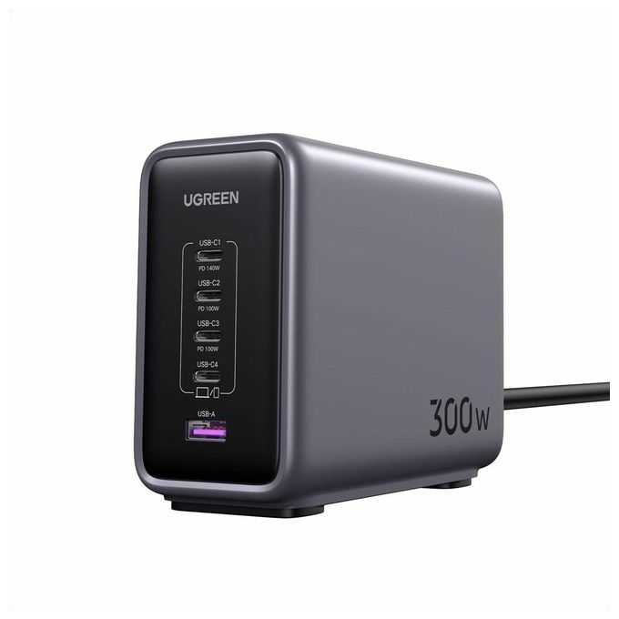 Ugreen 90903B Nexode Caricabatterie da Tavolo GaN 300W 5 Porte 4 USB-C 1 USB-A Ricarica Rapida PD 3.1 colore Nero Grigio