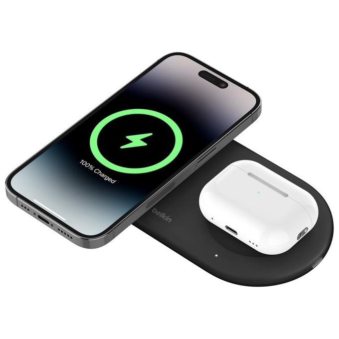 Belkin WIZ021VFBK BoostCharge Pro Tappetino di Ricarica Wireless 2 in 1 con Tecnologia Magnetica Qi2 Fino a 15W per iPhone e AirPods con Alimentatore 30W e Cavo USB-C colore Nero