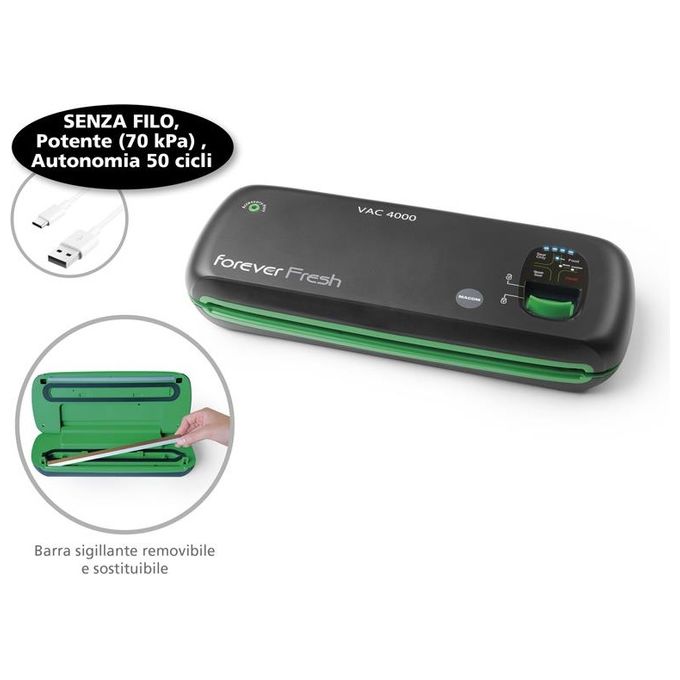 Macom VAC4000 Forever Fresh Macchina Sottovuoto Cordless Barra Sigillante 28 cm Autonomia 50 cicli USB colore Nero Verde