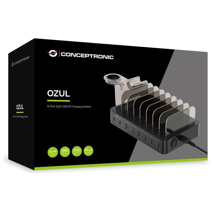 Conceptronic OZUL02B Stazione di Ricarica USB 8 Porte 75W USB-C PD 3.0 20W USB-A 35W colore Nero