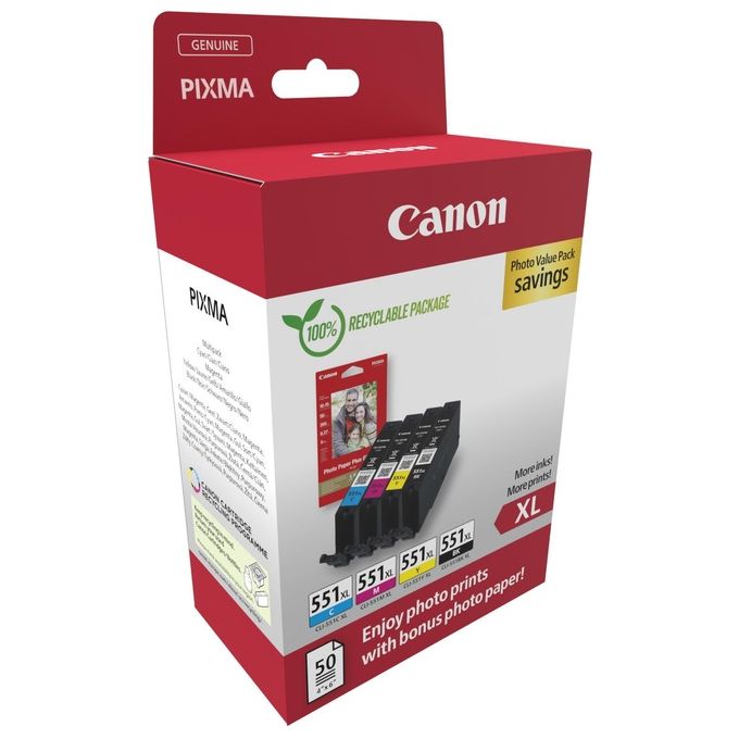 Canon 6443B008 CLI-551 XL Value Pack Cartucce d'inchiostro Originali 4 pz Nero Ciano Magenta Giallo colore Multicolore