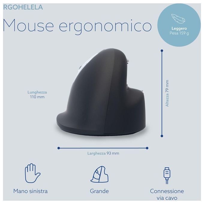 R-Go Tools RGOHELELA Mouse Ergonomico Verticale per Mancini Risoluzione 2400 DPI con Software di Pausa Cavo 1,69 m colore Nero