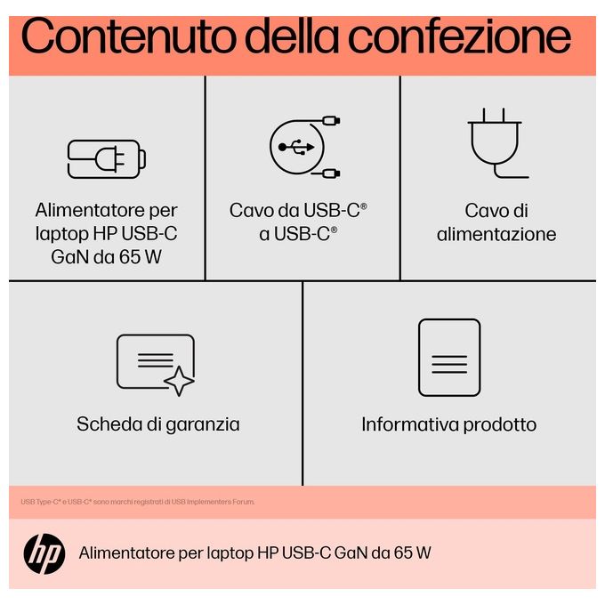 HP 600Q7AA Caricabatterie per Laptop USB-C 65 W con Tecnologia GaN 2 Porte USB-C colore Nero