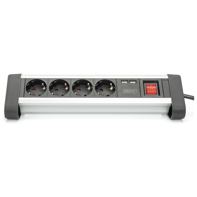 Digitus DA-70614 Ciabatta Multipresa da Ufficio 4 Prese Schuko 2 Porte USB 3680W Cavo 1.5m colore Nero Argento