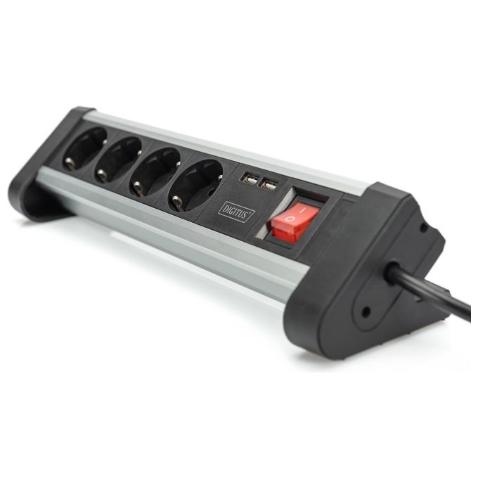Digitus DA-70614 Ciabatta Multipresa da Ufficio 4 Prese Schuko 2 Porte USB 3680W Cavo 1.5m colore Nero Argento
