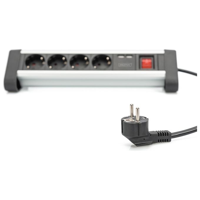 Digitus DA-70614 Ciabatta Multipresa da Ufficio 4 Prese Schuko 2 Porte USB 3680W Cavo 1.5m colore Nero Argento