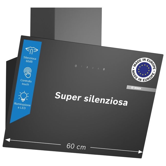 Bosch DWK65DK60 Serie 2 Cappa a muro inclinata 60 cm 430 m³-h Classe A 60 dB Touch colore Nero