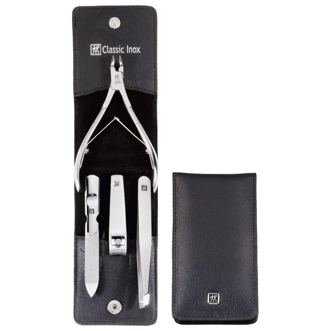 ZWILLING 97438-004-0 Classic Inox Set Manicure 4 Pezzi in Acciaio Inox con Custodia in Pelle Nera con Chiusura a Pulsante colore Nero