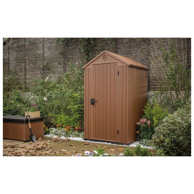Keter 257008 Darwin 4x4 Casetta da Giardino in Resina EVOTECH+ pavimento incluso tetto a due spioventi 123,8x117x205 cm colore Marrone