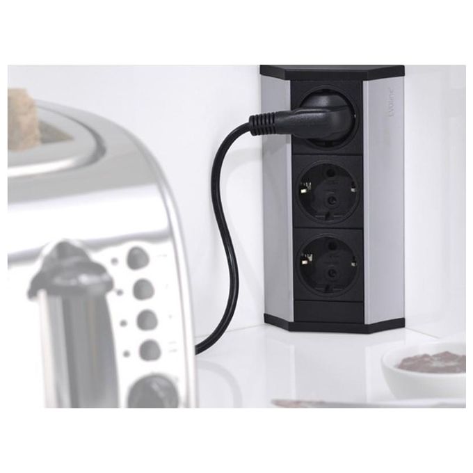 EVOline 159360001300 V-Dock Cuisine Multipresa 3 prese Schuko 2,5 m cavo alluminio anodizzato con finiture nere colore Argento Nero