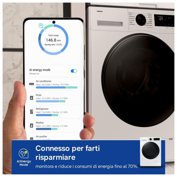 Samsung WD11DG5B15BEET Crystal Clean Lavasciuga Frontale 11-6 Kg 1400 rpm Classe A EcoBubble Vapore Wi-Fi SpaceMax (85x60x60 cm) colore Bianco