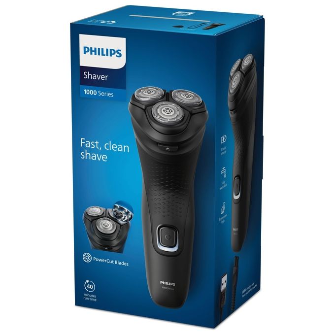 Philips S1141-00 Serie 1000 Rasoio elettrico rotativo secco umido 3 testine autonomia 40 min colore Nero