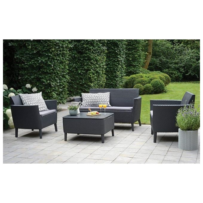 Keter 253220 Salemo Salottino da Esterno 4 Posti Divano 2 Poltrone Tavolino Polipropilene Effetto Rattan colore Grafite
