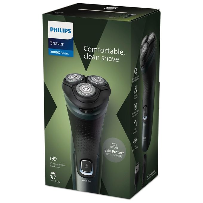 Philips X3052-00 Serie 3000X Rasoio elettrico Rotativo Wet and Dry 3 testine autonomia 45 min colore Verde Foresta Scuro