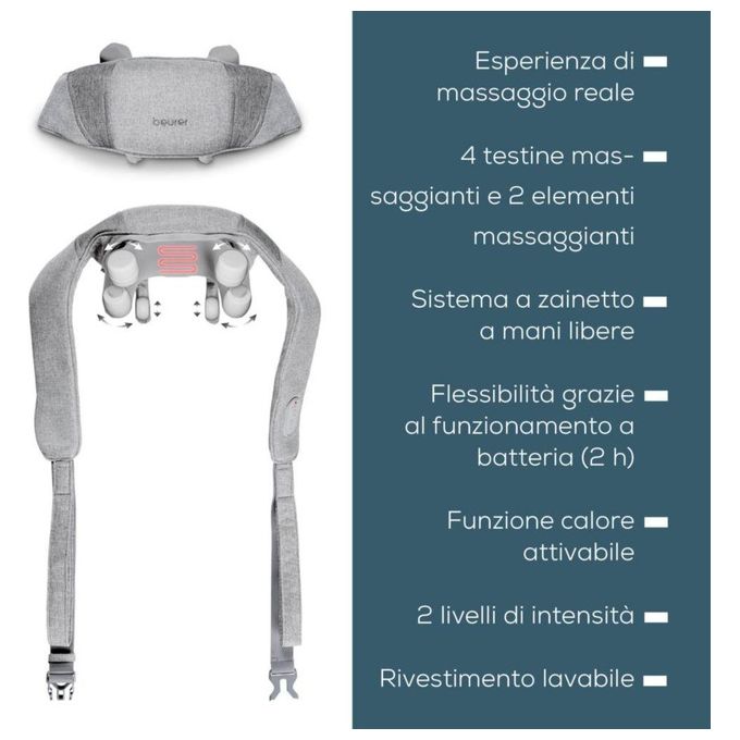 Beurer MG 154 Massaggiatore per Collo e Spalle Senza Fili 10 W 2 Ore Autonomia Funzione Calore 2 Livelli Intensita' colore Grigio