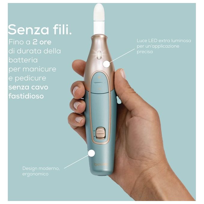 Beurer 57002 Set per manicure e pedicure MP 84 con 10 accessori in zaffiro e feltro velocita' regolabili 3.200 3.800 4.400 rpm batteria ricaricabile al litio colore Oro