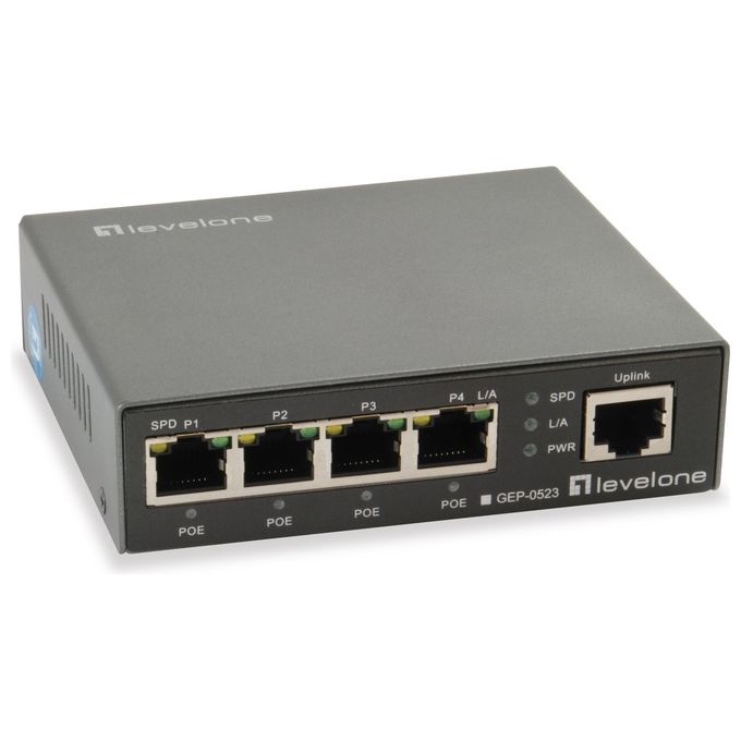 LevelOne GEP-0523 Switch di rete Gigabit 5 porte PoE 4 porte PoE+ 60W 10 Gbps 8000 voci MAC colore Nero