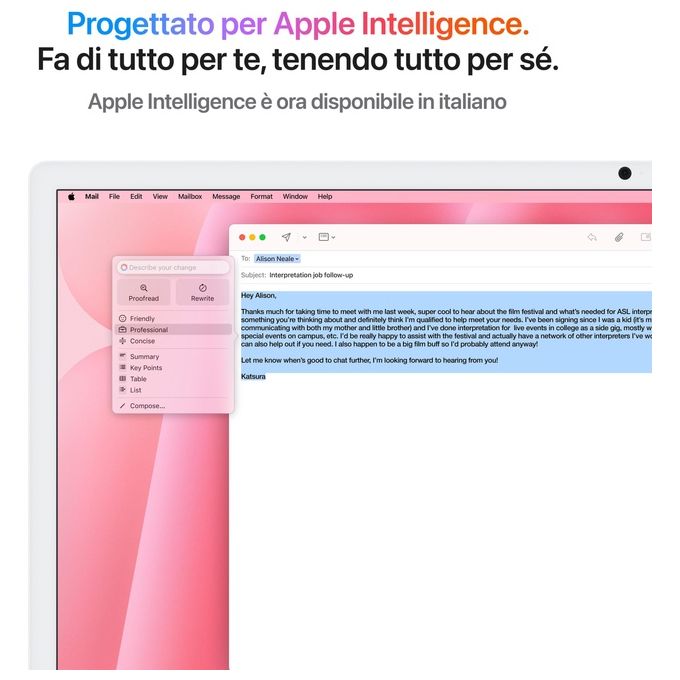 Apple MWV53T-A iMac PC All-in-one Display Retina 4.5K Chip M4 CPU 10-core GPU 10-core 16GB 512GB SSD colore Rosa