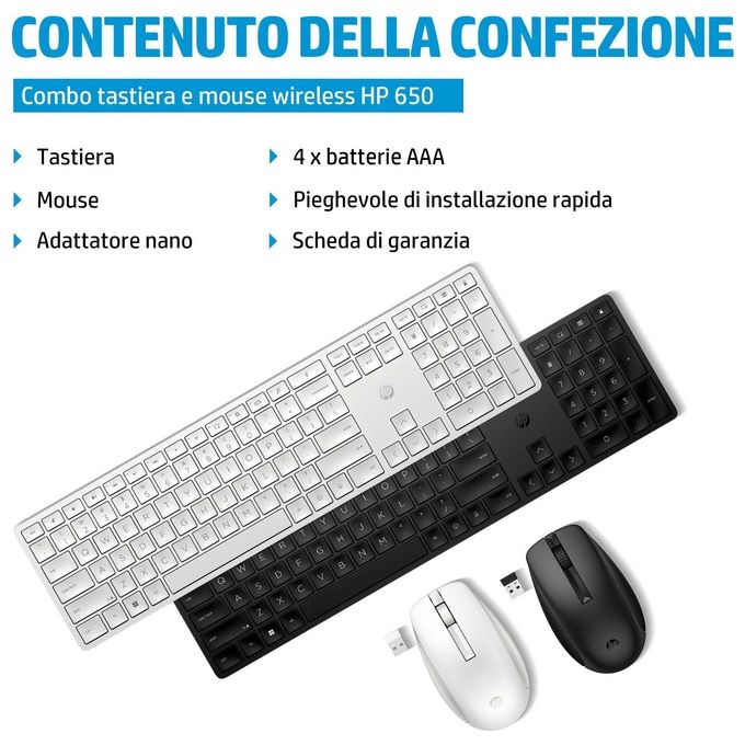 HP 4R013AA Combo tastiera e mouse wireless 650 Full-size 100% Wireless 2.4 GHz 4000 DPI tasti programmabili colore Nero