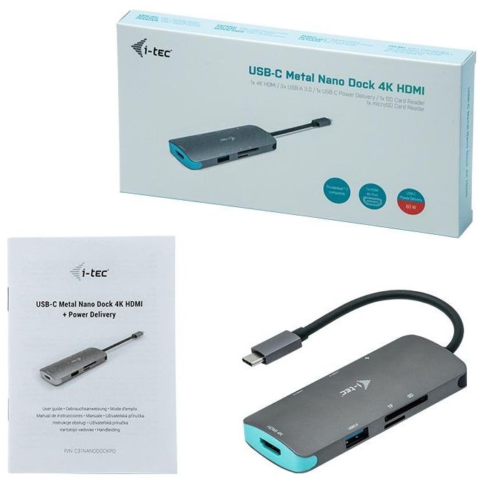 I-tec C31NANODOCKPD USB-C Metal Nano Dock 4K HDMI Power Delivery 100W 3x USB 3.1 1x SD 1x microSD colore Nero