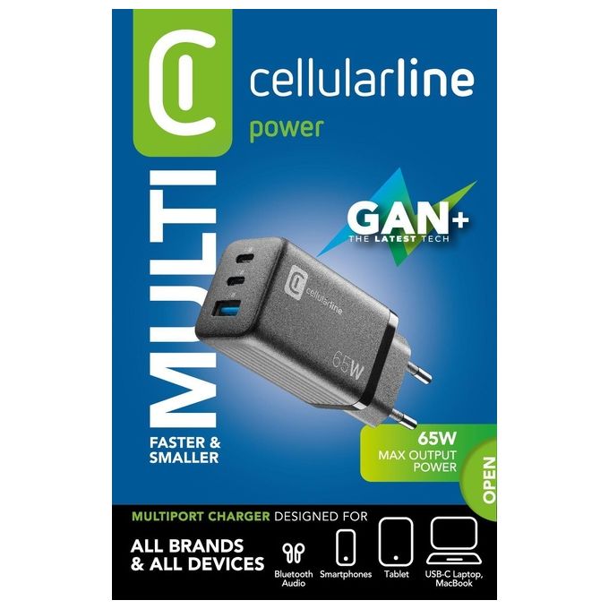 Cellularline ACHUSBGAN3PD65WK Multipower Micro Caricabatterie GaN 65W 3 Porte USB-C Power Delivery colore Nero