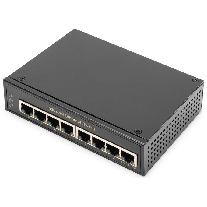 Digitus DN-651108 Switch Gigabit 8 Porte Industriale Temperatura Estesa da -40°C a 75°C Montaggio DIN Rail colore Nero