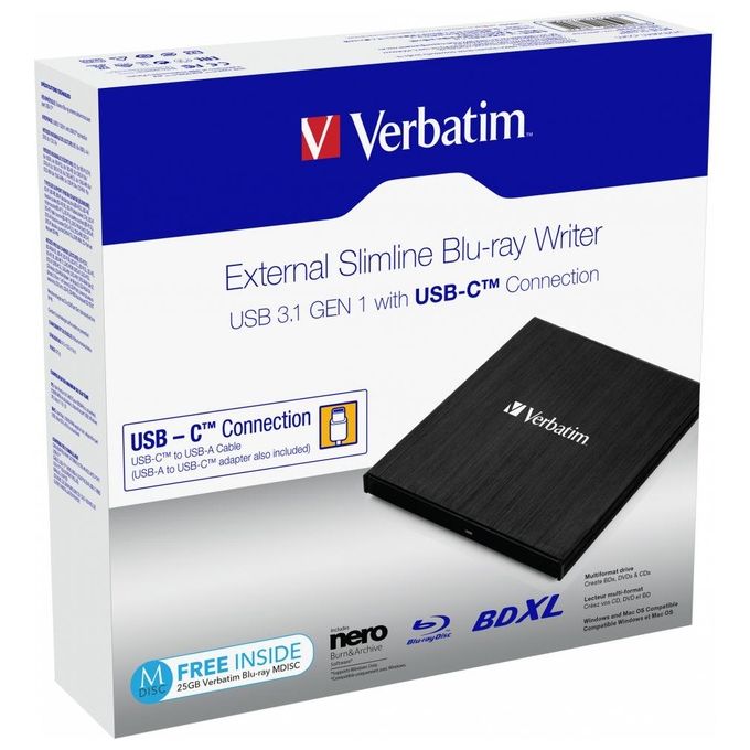 Verbatim Slimline Blu-Ray Writer Usb 3.1 Gen 1 Usb-C