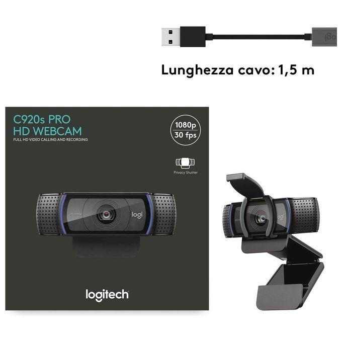 Logitech C920S HD Pro Webcam Videochiamata Full HD 1080p-30fps Correzione Luce HD Privacy Shutter