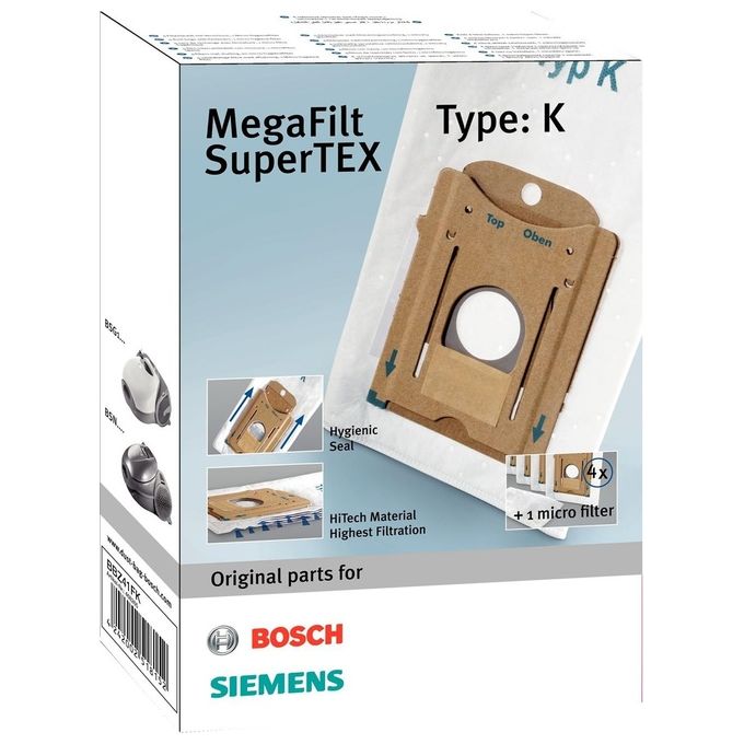 Bosch Confezione 4 sacchetti filtro in tessuto MEGAfilt plus con sigillo in gomma adatto per aspirapolveri BSG1 e BSN1
