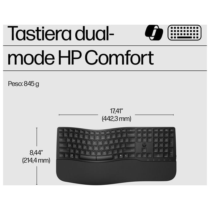 HP 8T6L9UT Tastiera HP 685 Comfort Dual-Mode Wireless Full-size con Connessione RF e Bluetooth Tasti Silenziosi Programmabili Poggiapolsi Incluso colore Nero