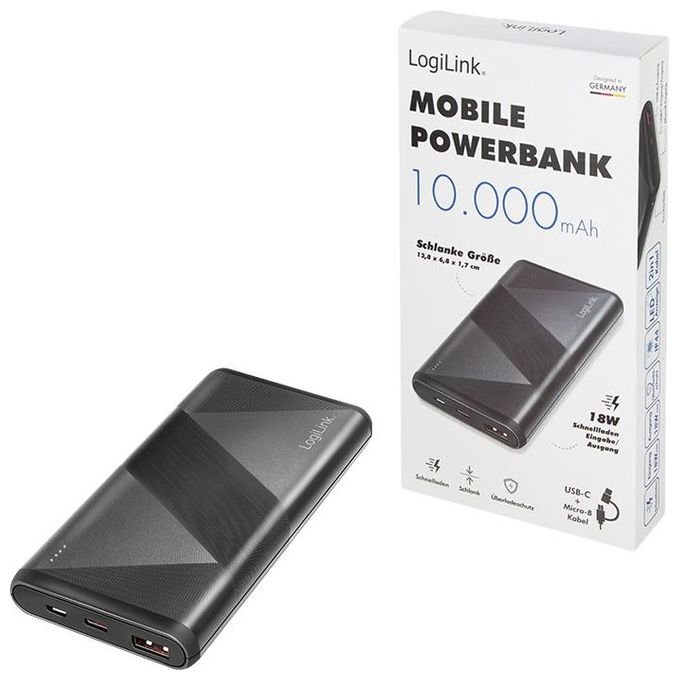 Logilink Power Bank 10000 mAh 1 Usb-A QC (QuickCharge 3.0) e 1 Usb-C PD (Power Delivery 2.0) con cavo 2 in 1 Nero