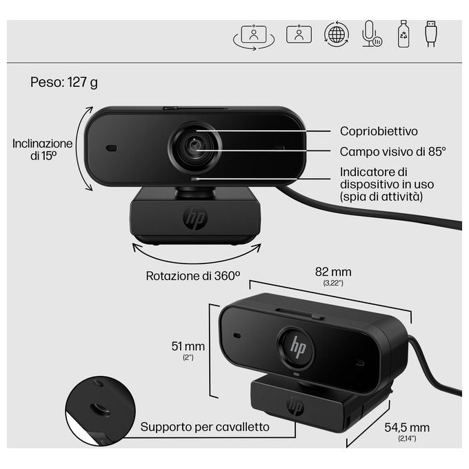 HP 77B11AA 430 Webcam Full HD 1080p Autofocus Campo Visivo 85° Doppio Microfono Riduzione Rumore colore Nero